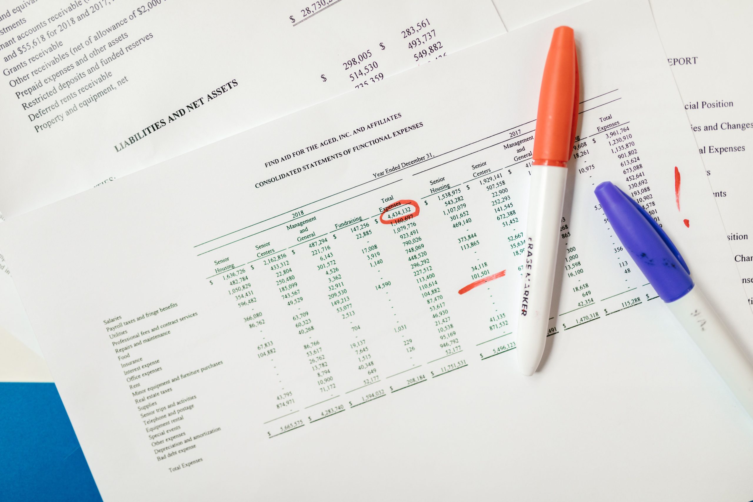 Documents financiers avec chiffres surlignés et marqueurs